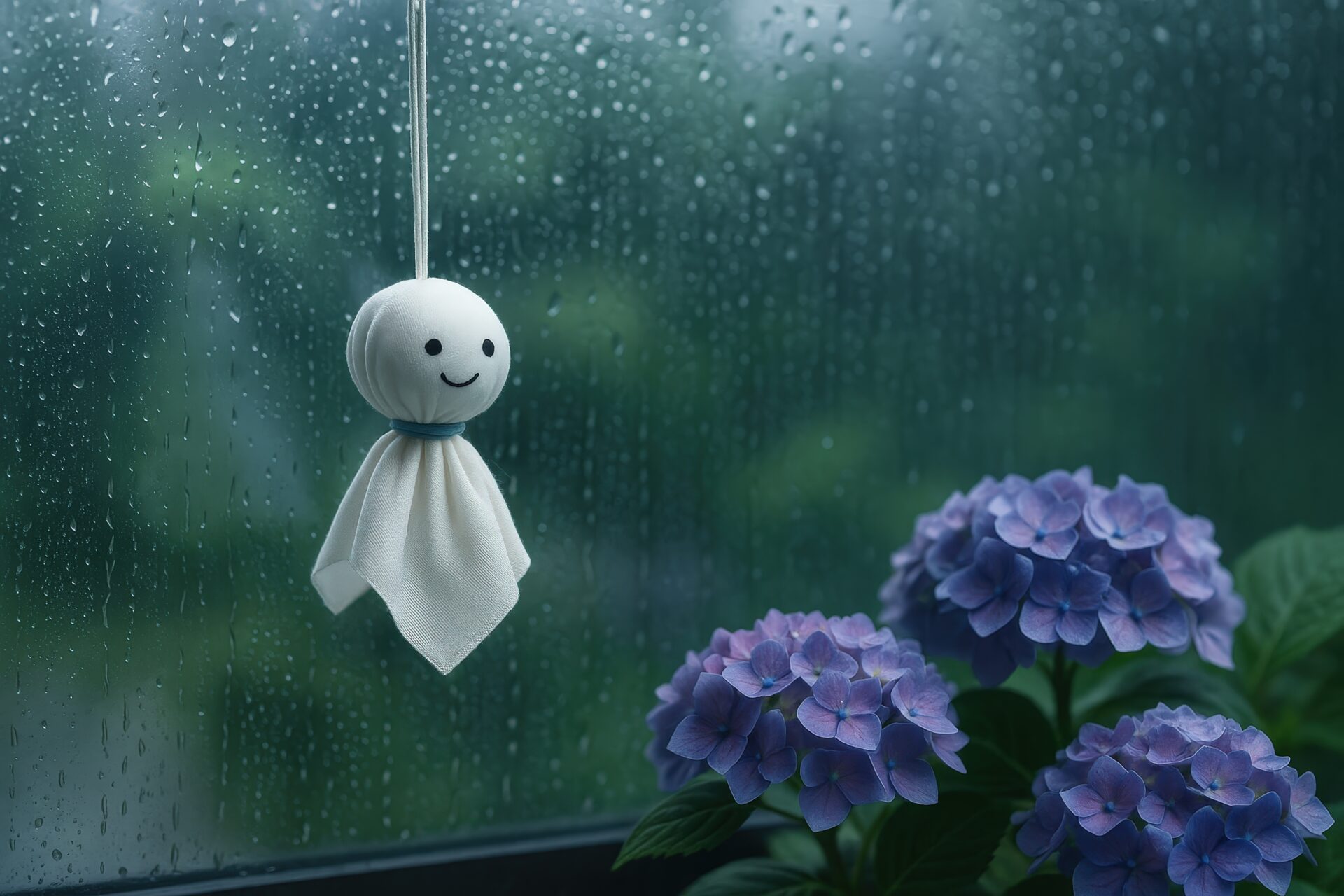 雨粒のついた窓の前に飾られたてるてるぼうずと咲く紫陽花