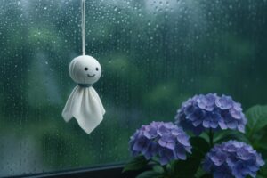 雨粒のついた窓の前に飾られたてるてるぼうずと咲く紫陽花