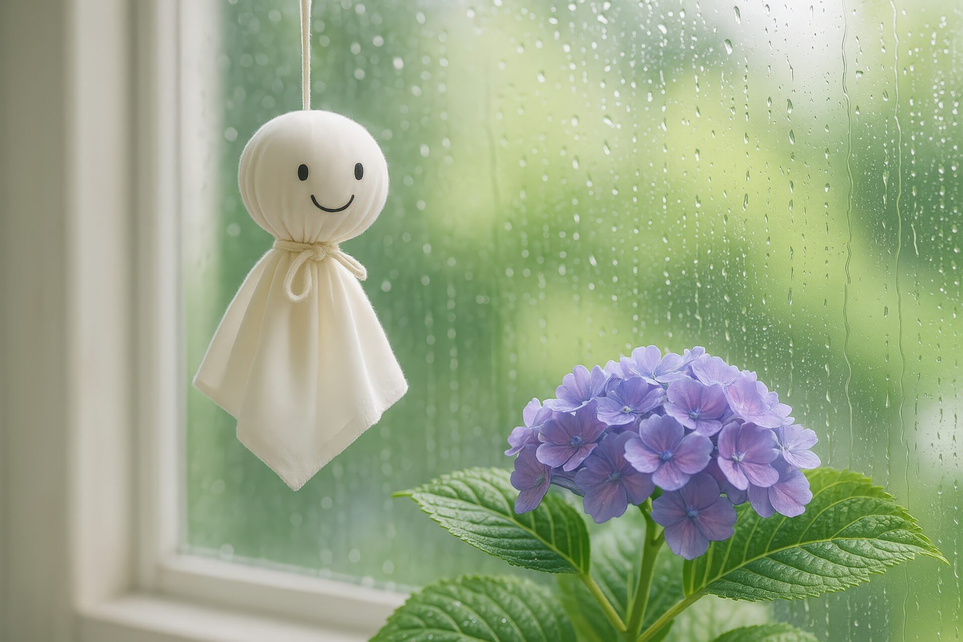 明るい窓辺に吊るされたてるてるぼうずと淡い紫陽花