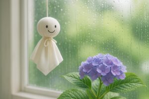 明るい窓辺に吊るされたてるてるぼうずと淡い紫陽花