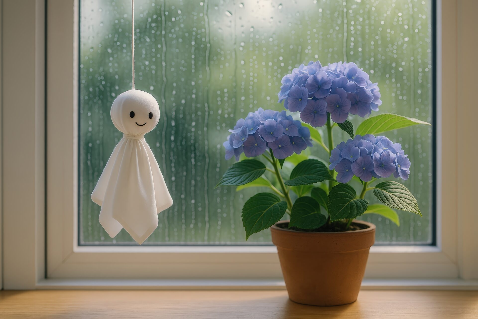 窓際に並ぶ鉢植えの紫陽花とてるてるぼうず