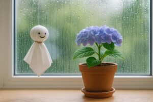窓辺で咲く紫陽花と吊るされたてるてるぼうずの組み合わせ
