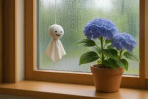 雨粒のついた窓辺に置かれた紫陽花とてるてるぼうずの穏やかな風景