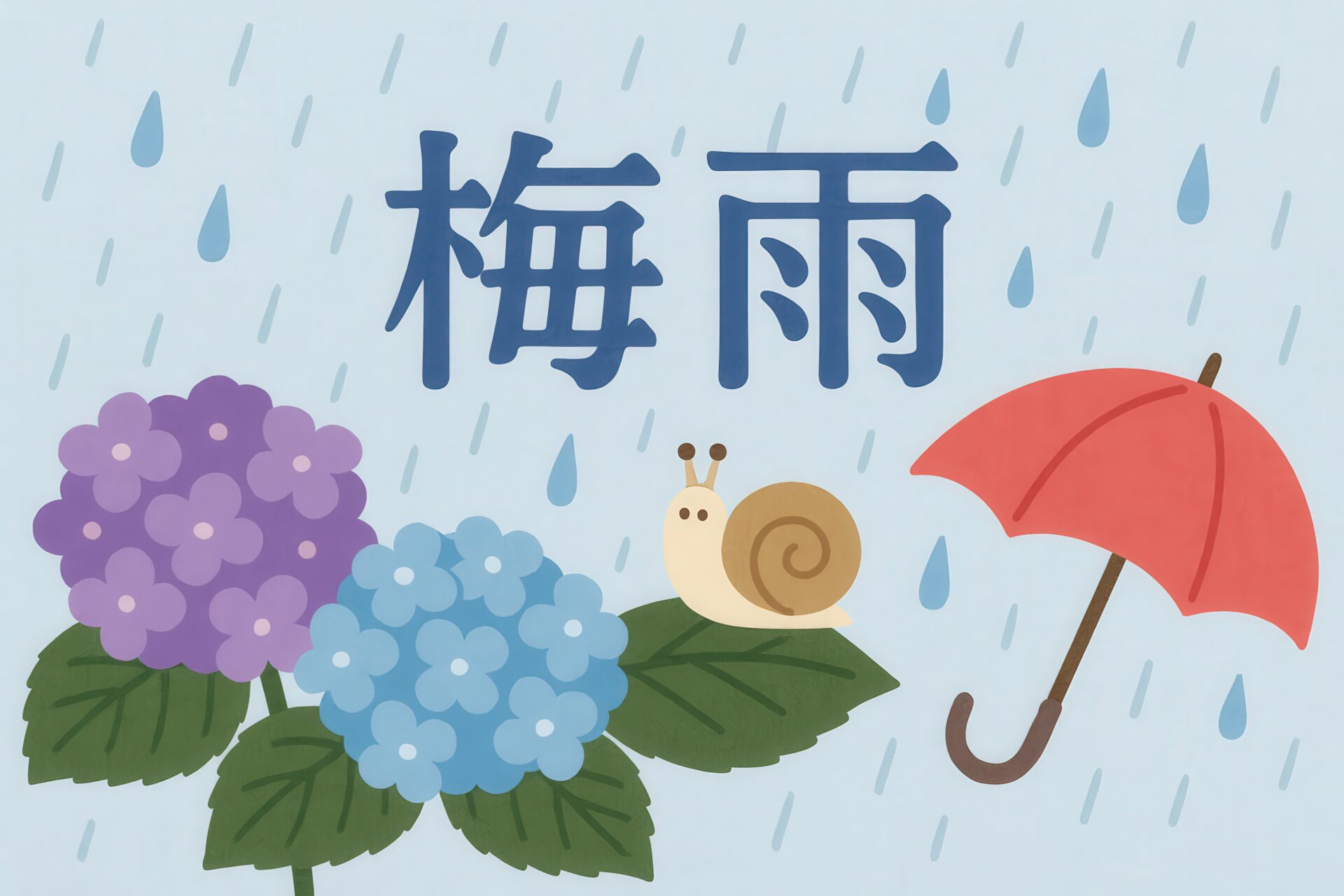 梅雨の文字と紫陽花、カタツムリ、赤い傘のイラスト