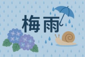 雨の中に佇む紫陽花とカタツムリの梅雨イメージイラスト