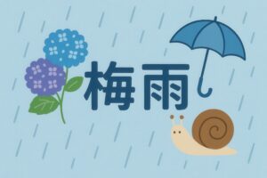雨が降る中の紫陽花とカタツムリ、梅雨を表すイラスト
