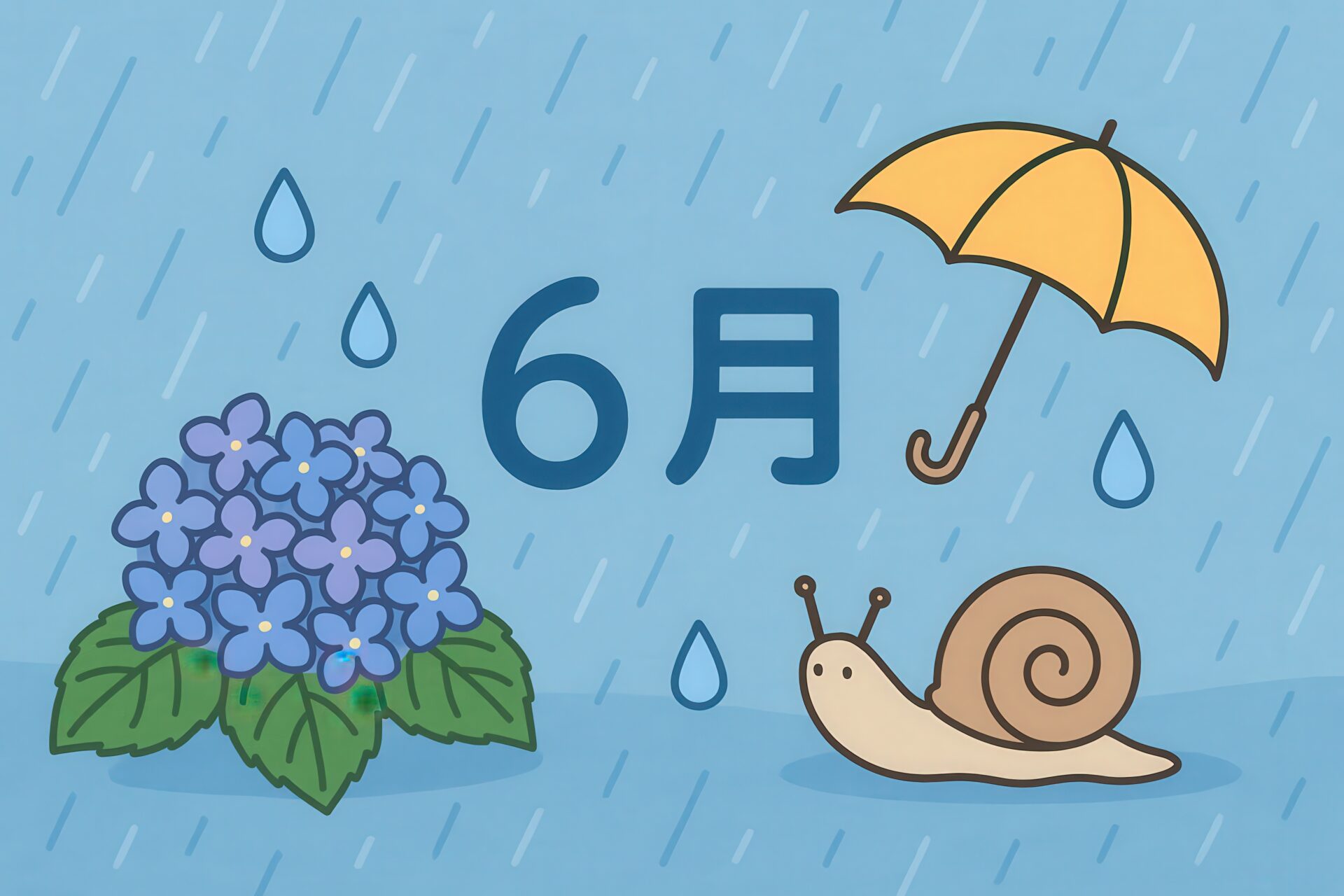 6月の文字と紫陽花、傘、カタツムリのイラスト