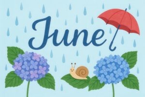 Juneの文字と傘、紫陽花、かたつむりのイラスト（英語表記）