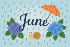 英語のJuneと紫陽花、オレンジの傘の梅雨イラスト