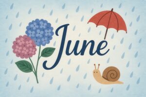 英字のJuneとピンクと青の紫陽花が描かれた雨のイラスト