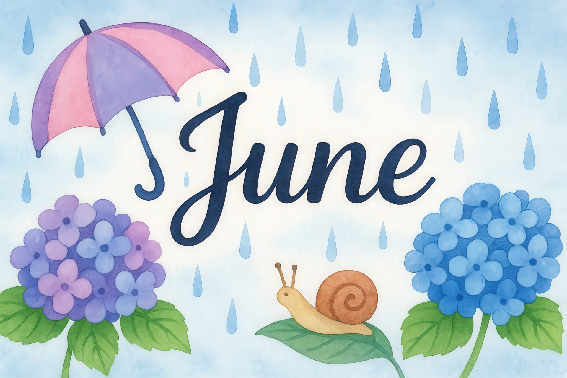 水彩タッチで描かれたJuneと紫陽花、傘、カタツムリのイラスト