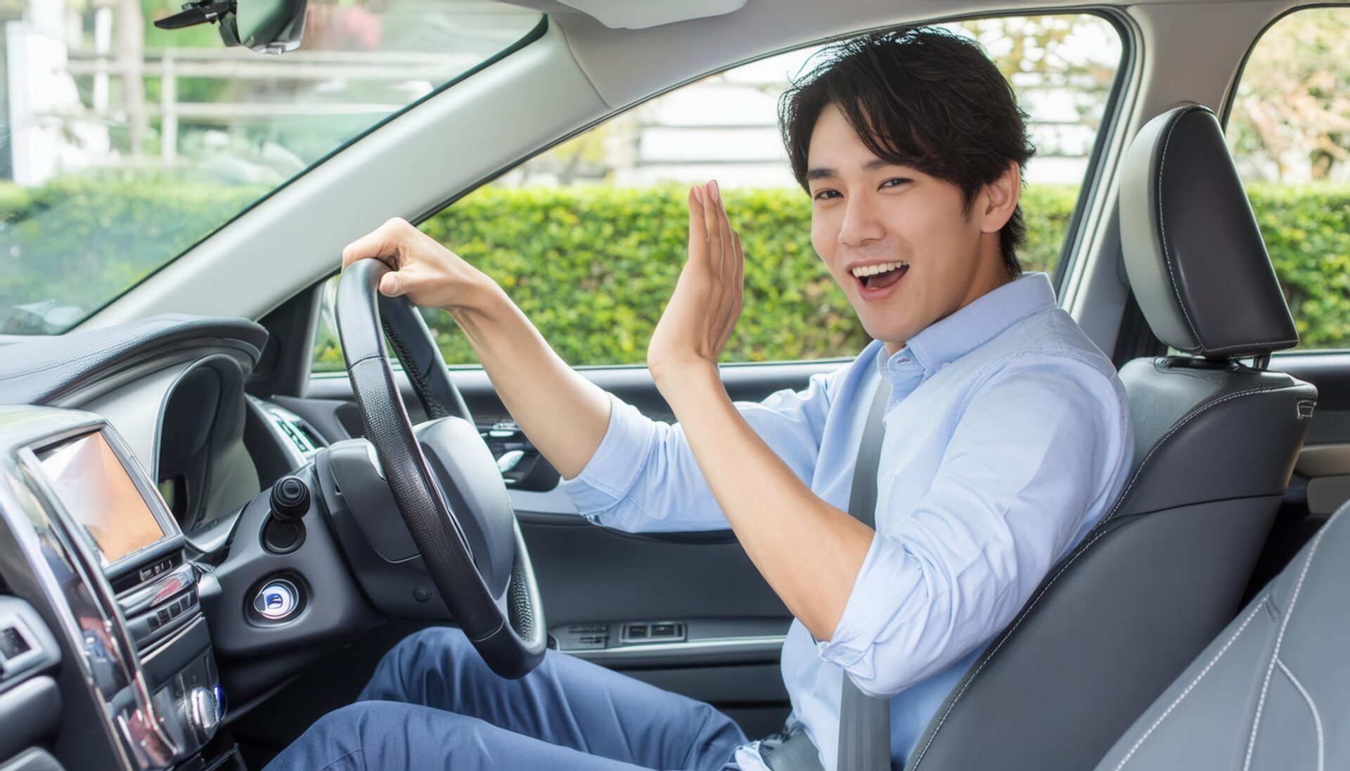 手を振る運転中の男性
