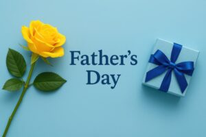 青背景に英語でFather’s Dayと書かれたギフトと黄色いバラ