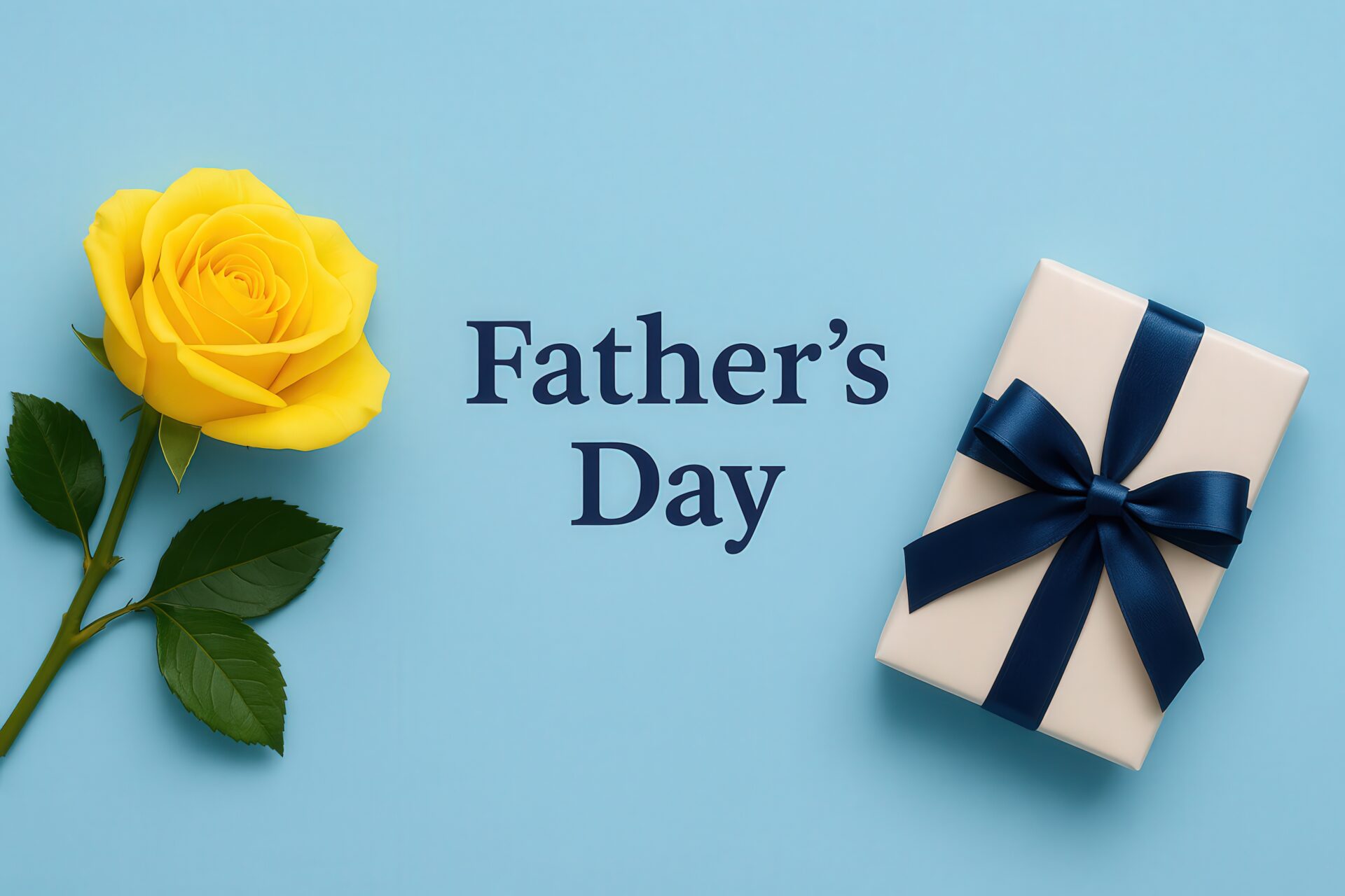 英語のFather’s Dayメッセージと黄色いバラと白いギフト