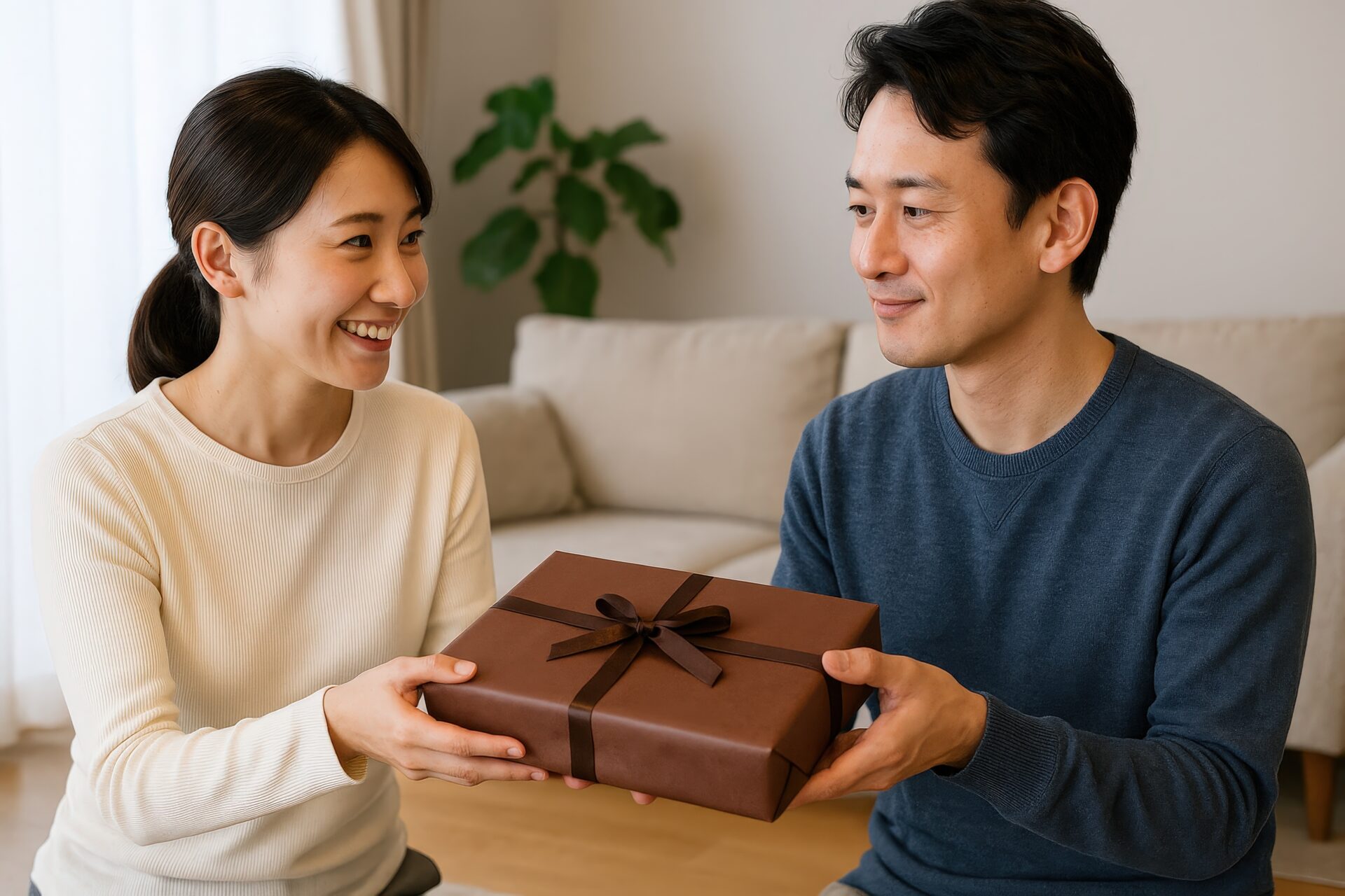 室内でプレゼントを渡す女性と男性のツーショット