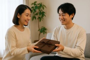ソファに座ってプレゼントを渡す男女のペア