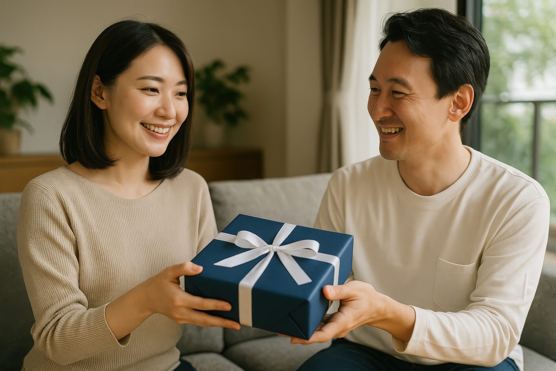 笑顔でプレゼントを受け取る男性と女性