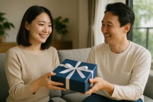 笑顔でプレゼントを受け取る男性と女性
