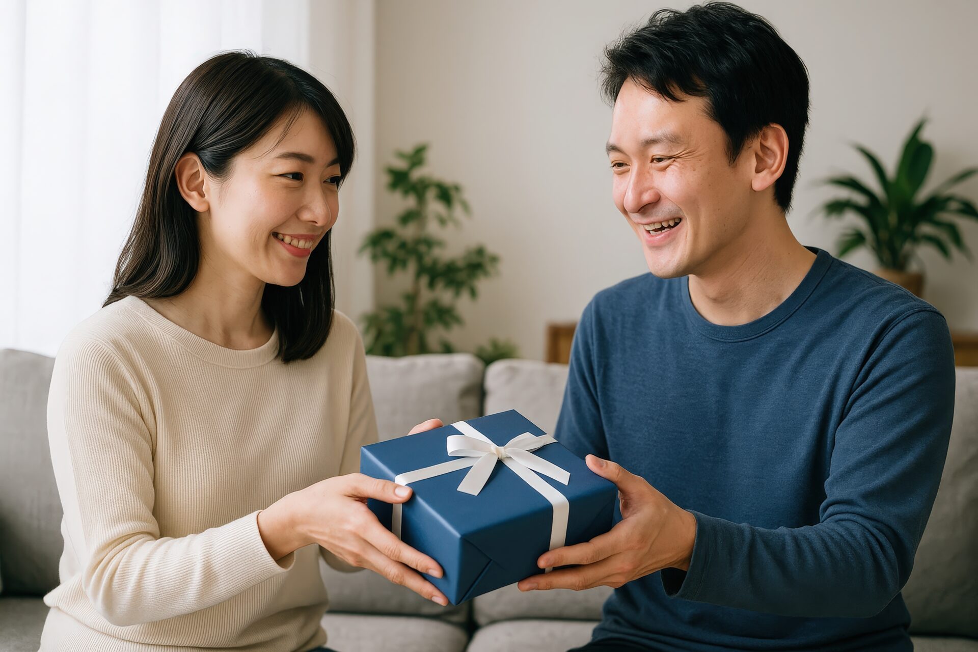 青いギフトボックスを手渡す女性と受け取る男性