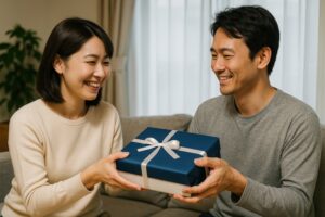 青い箱を渡す女性と男性の笑顔のやり取り