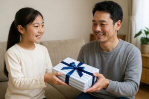 プレゼントを渡す少女と父親のやりとり