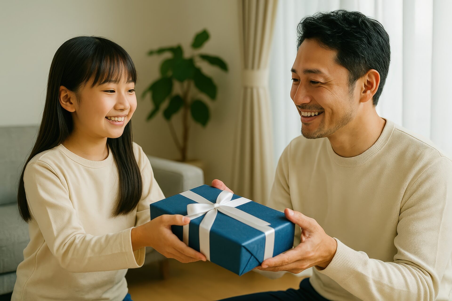 父にギフトを手渡す女の子の笑顔