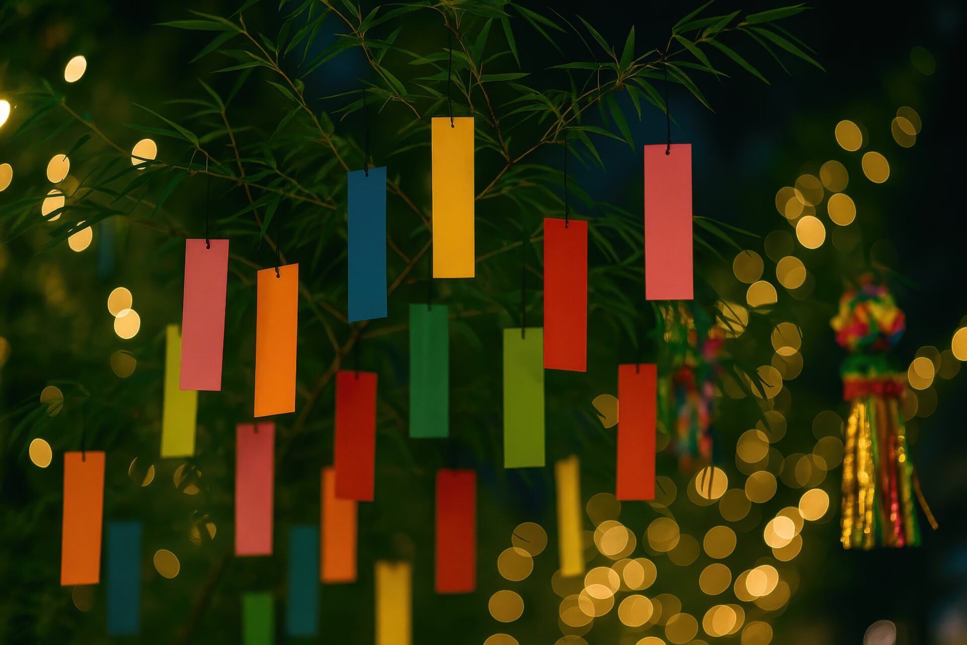 夜の笹に吊るされた色とりどりの短冊とぼんぼりの飾り