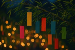 ライトアップされた笹の葉と短冊の幻想的な風景