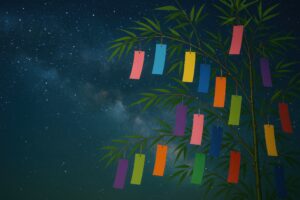 星空の下に広がる七夕飾りとカラフルな短冊