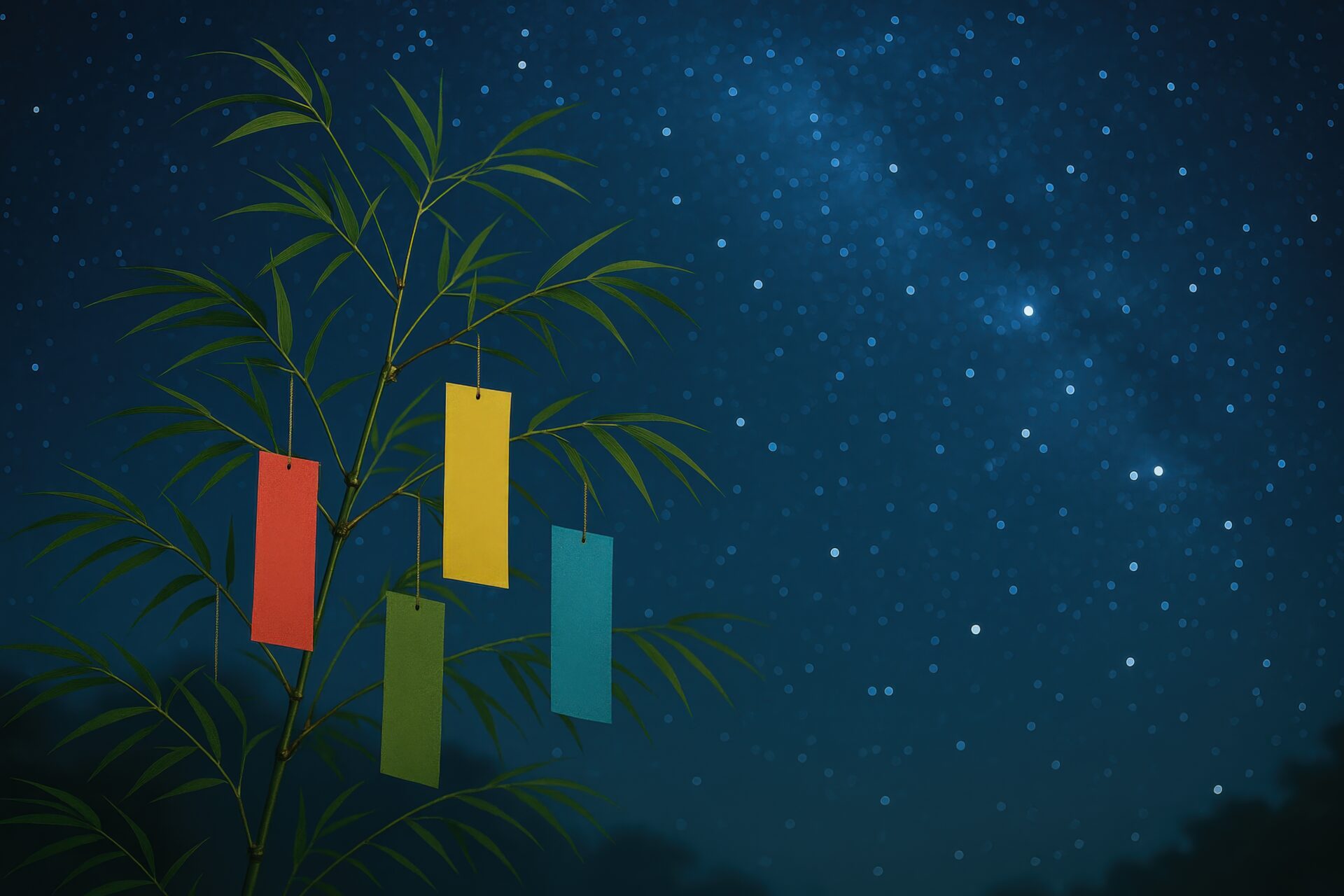 天の川と笹の葉に吊るされた短冊