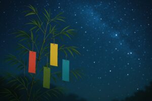 天の川と笹の葉に吊るされた短冊