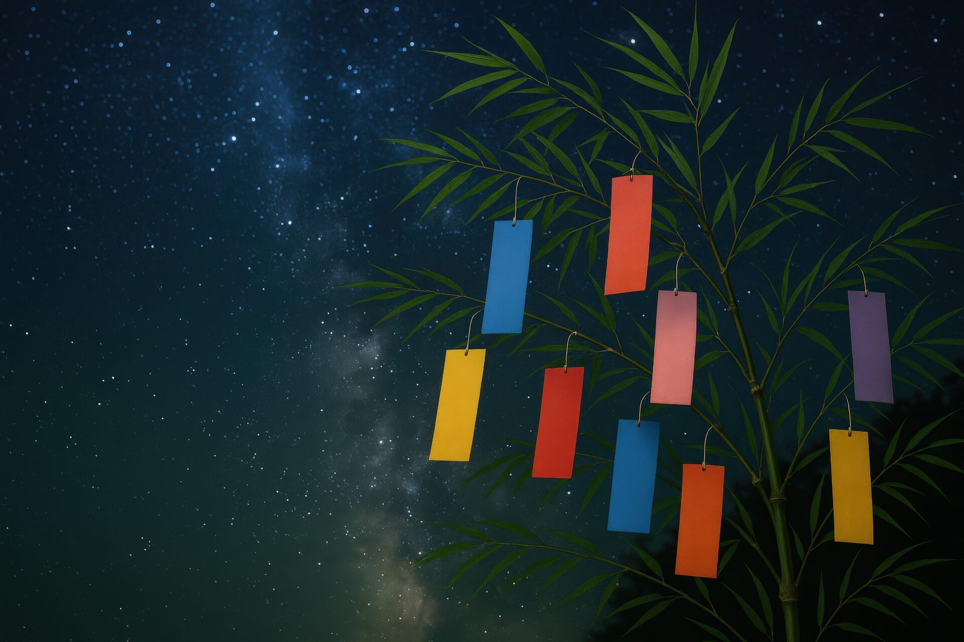 夜空を背景にした七夕の短冊飾り