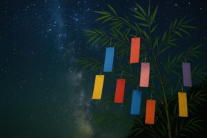 夜空を背景にした七夕の短冊飾り