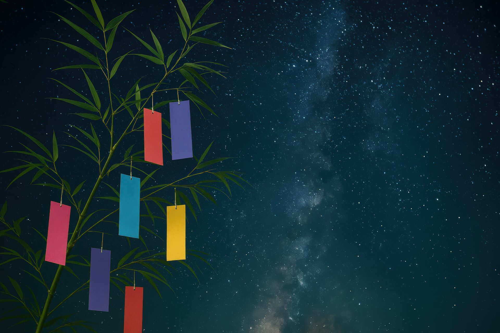 天の川と笹の枝に揺れる短冊飾り