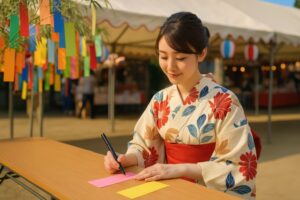 浴衣姿の女性が短冊に願い事を書く夏祭りの風景