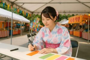 屋台が並ぶ夏祭りで短冊に願いを書く女性