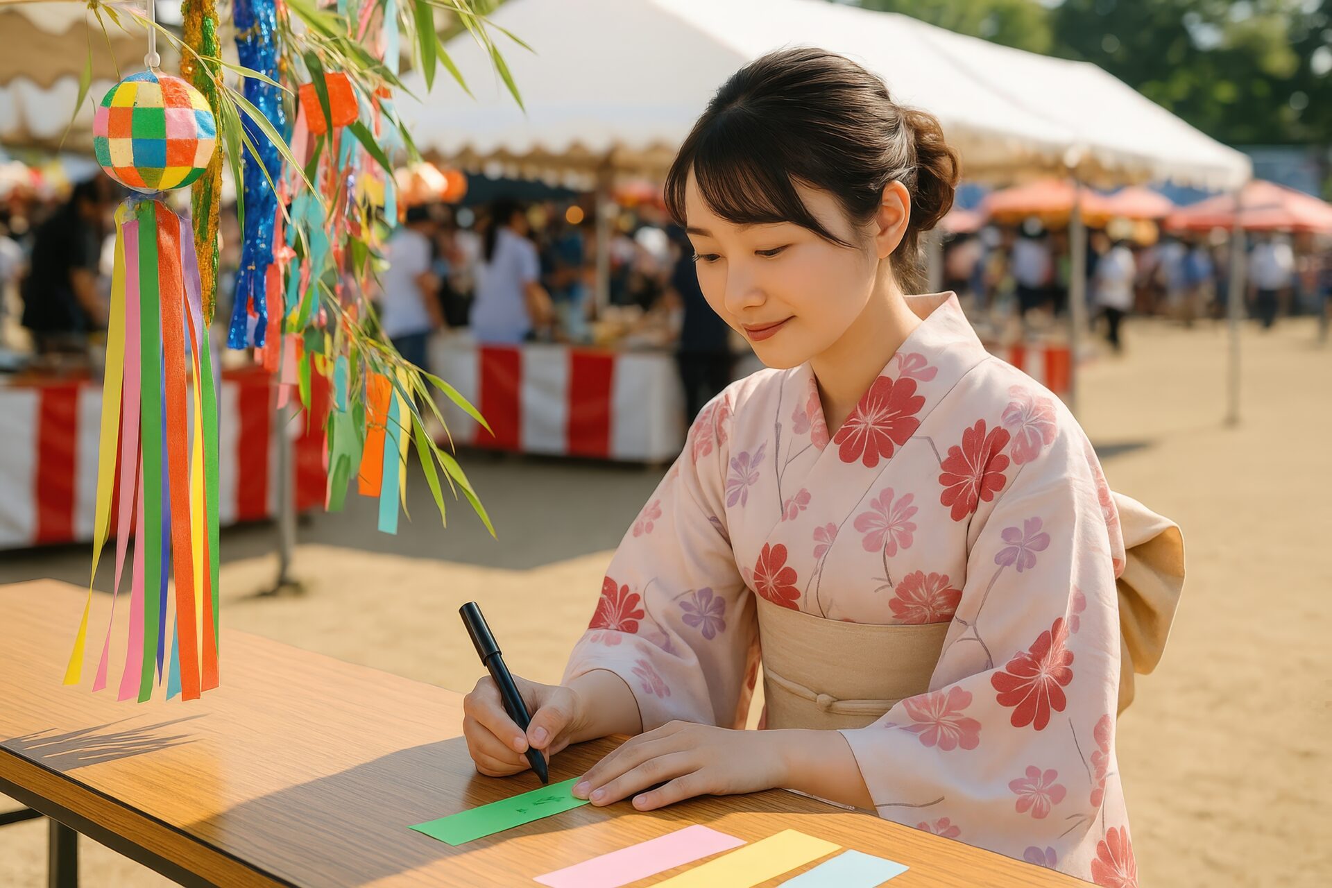 色とりどりの七夕飾りの横で短冊に書く女性
