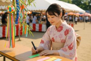 色とりどりの七夕飾りの横で短冊に書く女性
