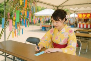 笹飾りの前で短冊を書く浴衣姿の女性