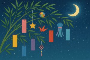 夜空に浮かぶ笹と短冊の七夕イラスト