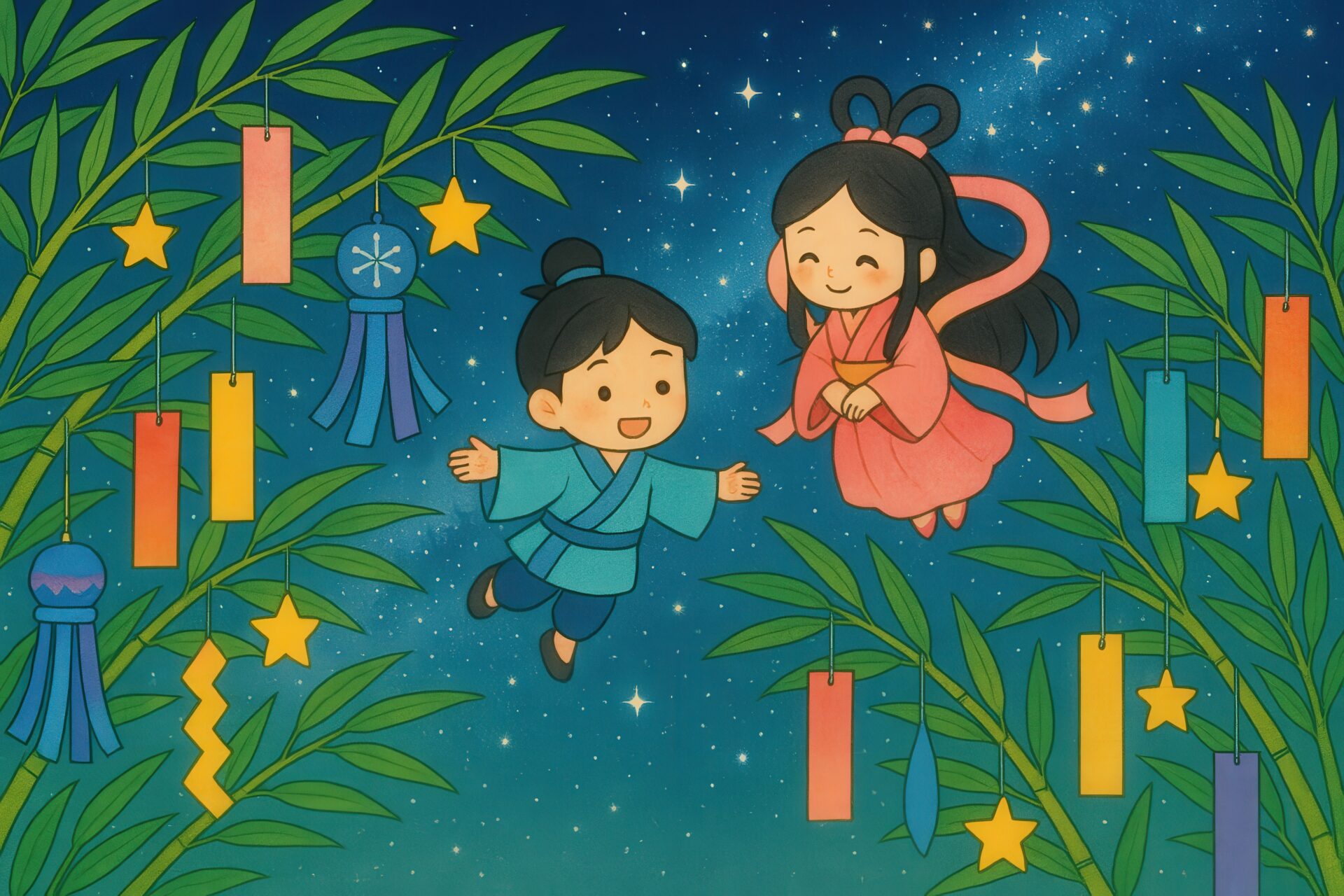 織姫と彦星が出会う七夕の夜のイラスト