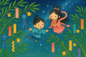 織姫と彦星が出会う七夕の夜のイラスト