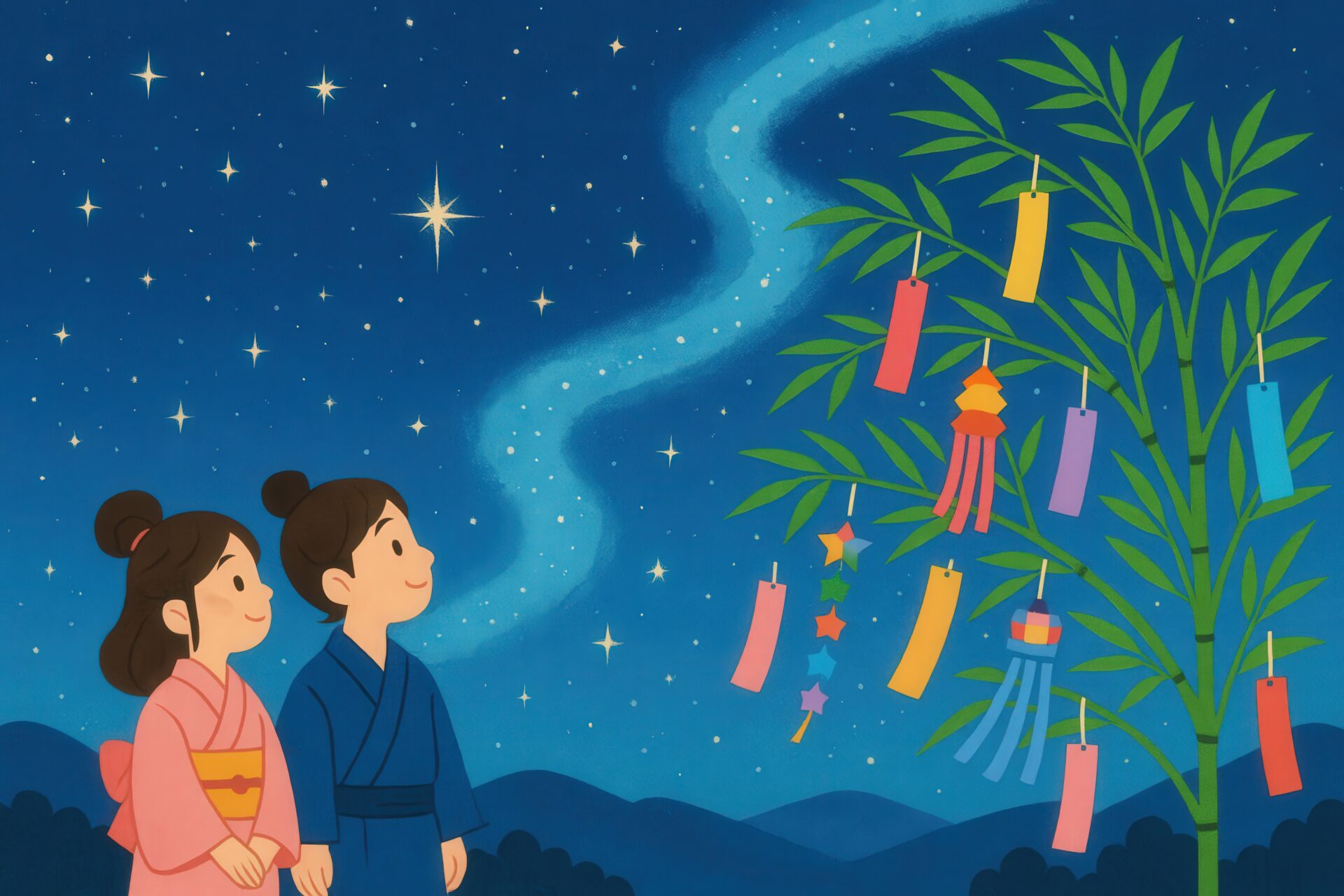 天の川を眺める子供たちと七夕飾りのイラスト