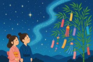 天の川を眺める子供たちと七夕飾りのイラスト