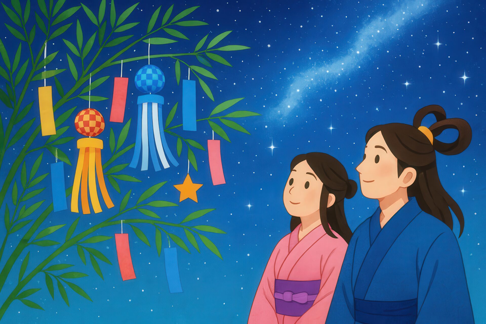 笹飾りを見上げるカップルの七夕イラスト