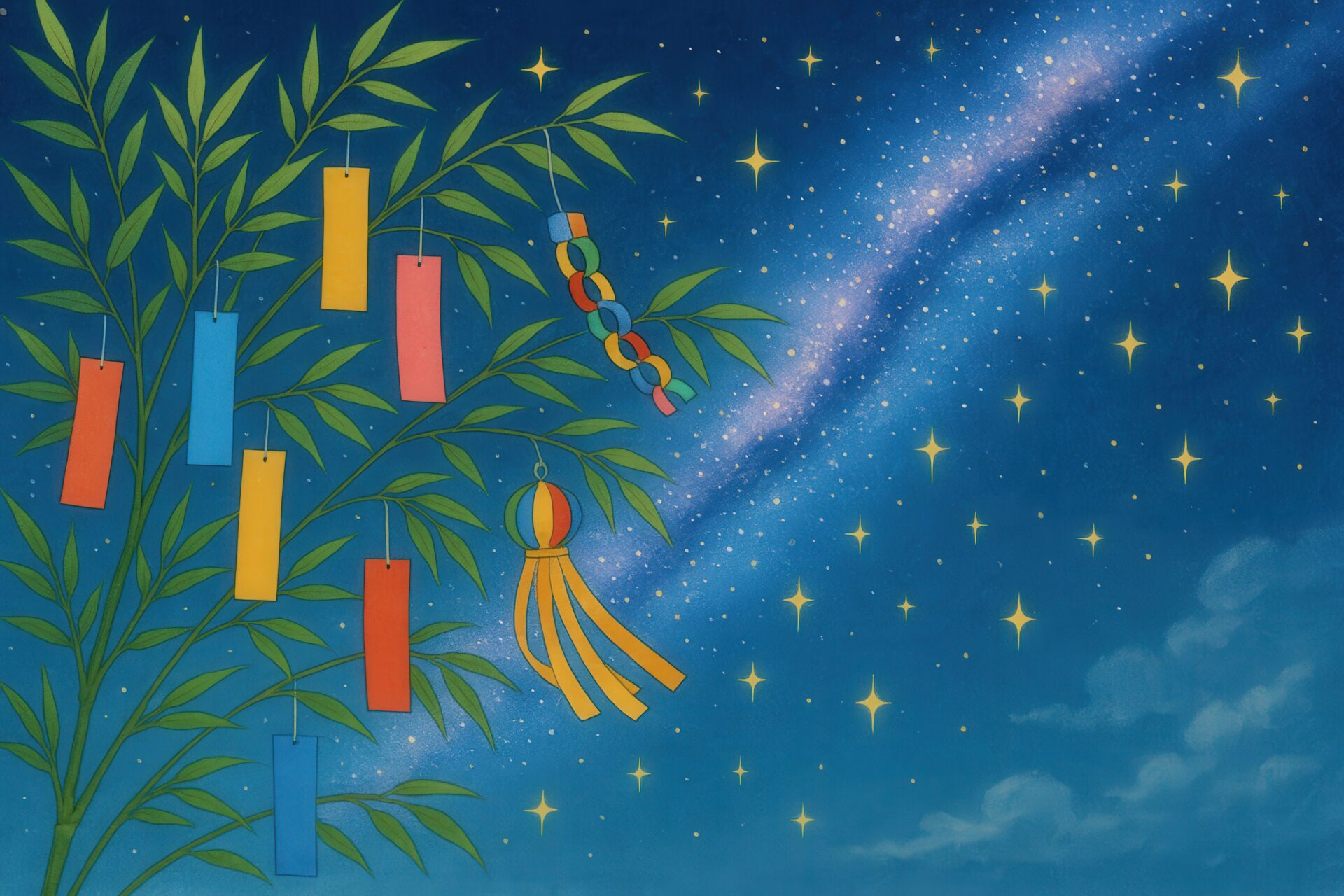 天の川と笹飾りが描かれた幻想的な七夕イラスト