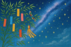 天の川と笹飾りが描かれた幻想的な七夕イラスト