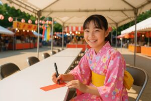 浴衣姿の少女が短冊に願いを書く夏祭りの風景