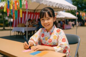 屋外イベントで短冊を書く浴衣姿の女の子