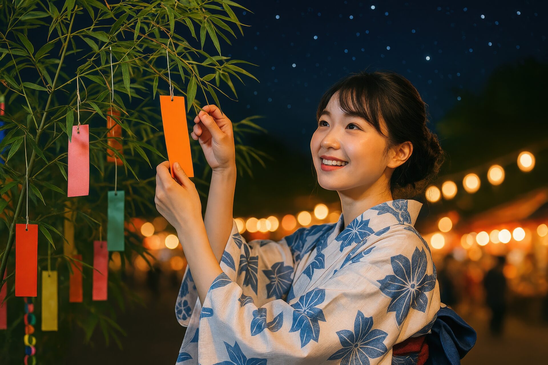 夜の夏祭りで笹に短冊を飾る浴衣姿の女性